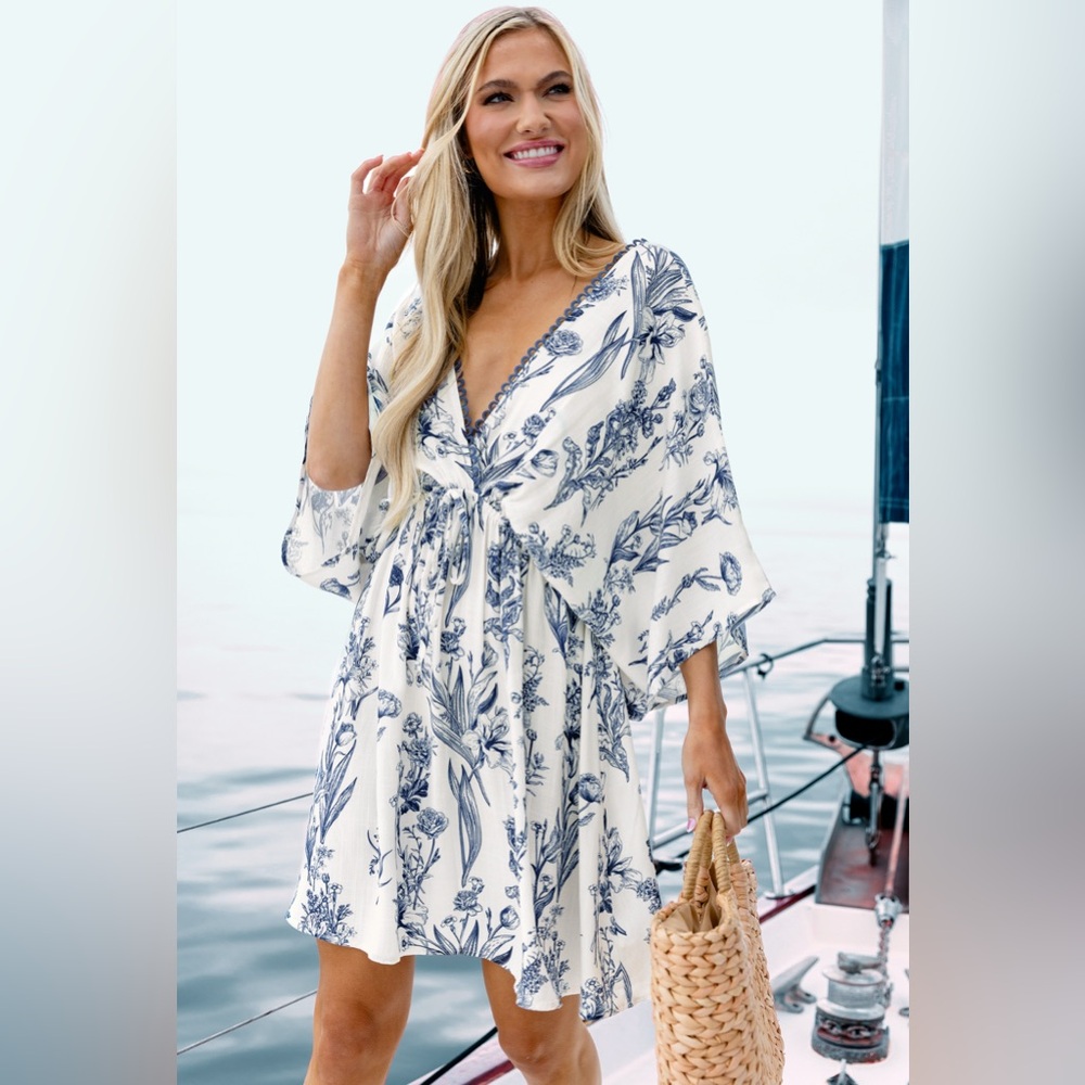Floral Blue and White Kimono Dress